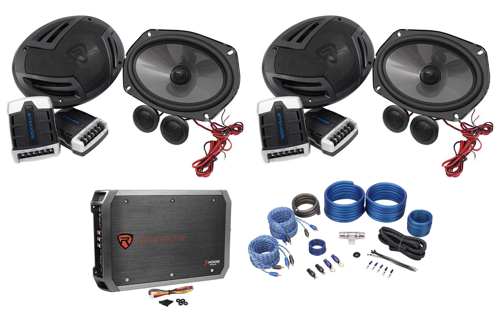 (2) Pairs Rockville RV69.2C 6x9Component Car Speakers+4-Channel Amp+Wire Kit
