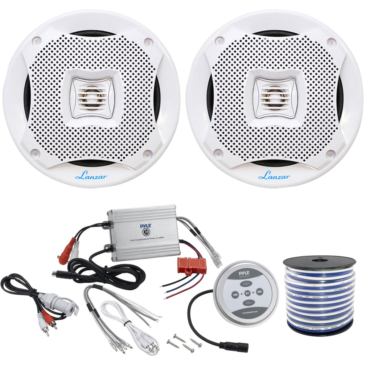 2 x Lanzar 400W 6.52-Way White Marine Coaxial Speakers, Pyle Waterproof 600 Watt Bluetooth 2-Channel Boat Yacht Amplifier System, Enrock Marine-Grade 18-Gauge Speaker Wire