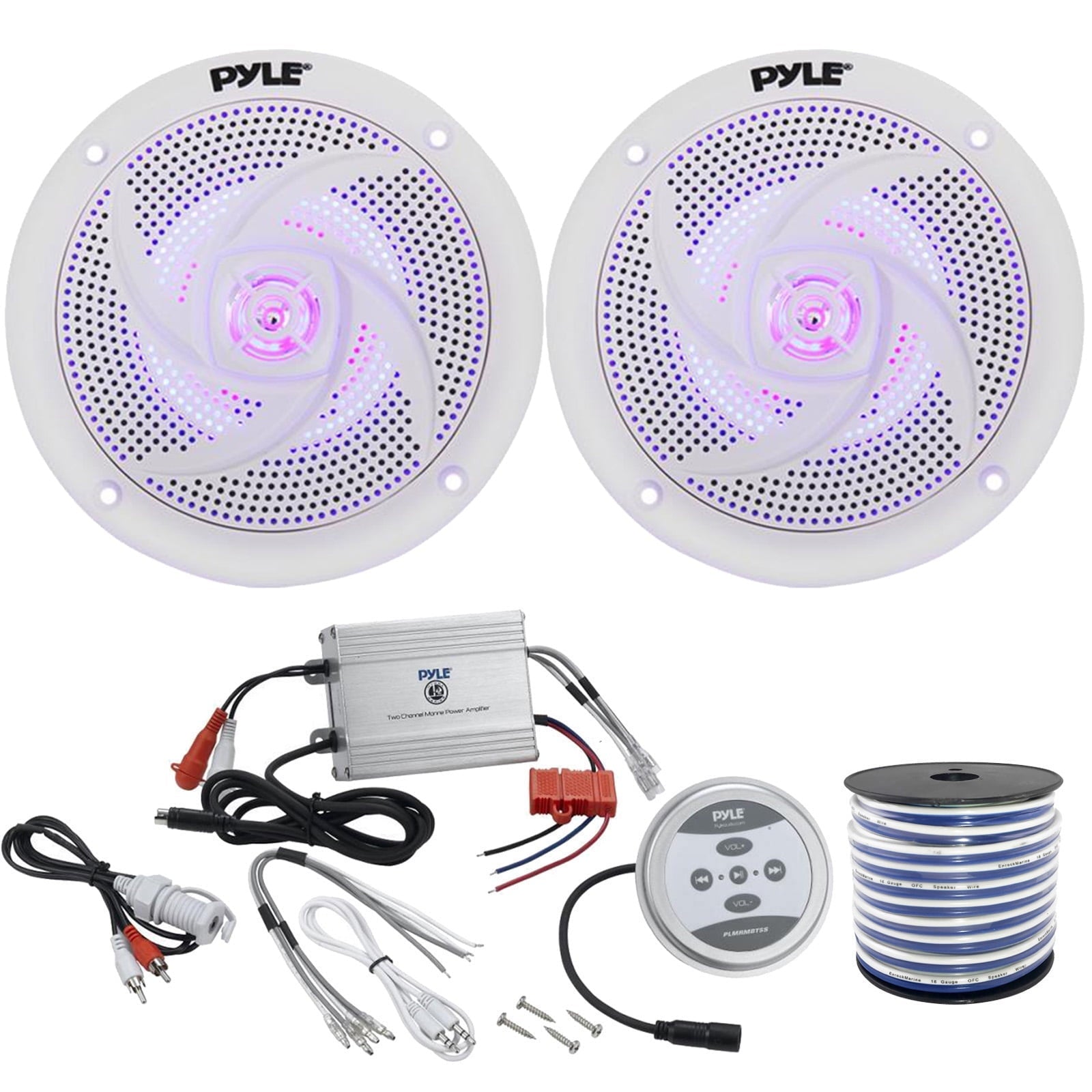 2 x Pyle 5.252-Way Marine 180W Audio Stereo LED Speakers, Pyle Waterproof 600 Watt Bluetooth 2-Channel Boat Yacht Amplifier System, Enrock Marine-Grade 18-Gauge Speaker Wire