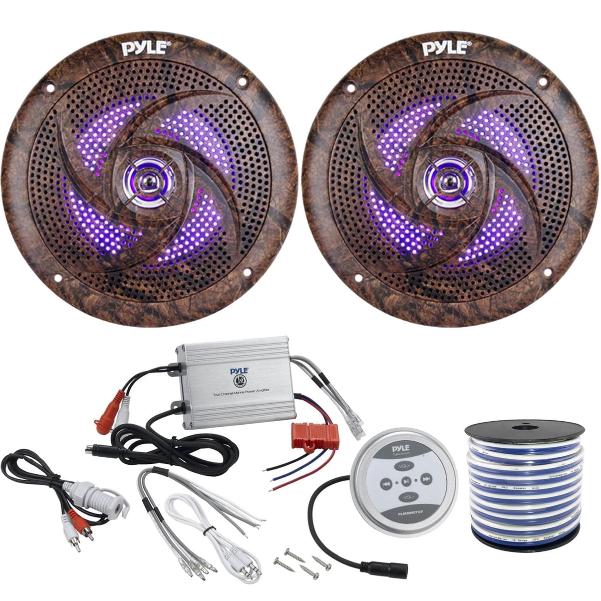 2 x Pyle 6.52-Way 240 Watt Marine Stereo LED Speakers, Pyle Waterproof 600 Watt Bluetooth 2-Channel Boat Yacht Amplifier System, Enrock Marine-Grade 18-Gauge Speaker Wire