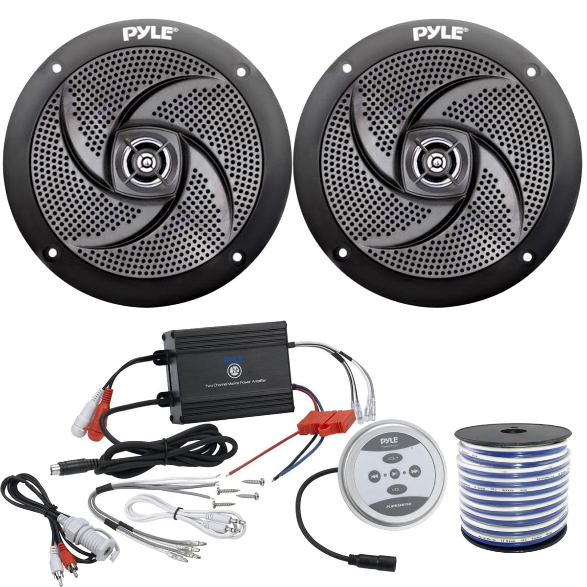 2 x Pyle 6.5Marine 2-Way 240W Outdoor Black Stereo Speakers, Pyle Waterproof 600 Watt Bluetooth 2-Channel Boat Yacht Amplifier System, Enrock Marine-Grade 18-Gauge Speaker Wire