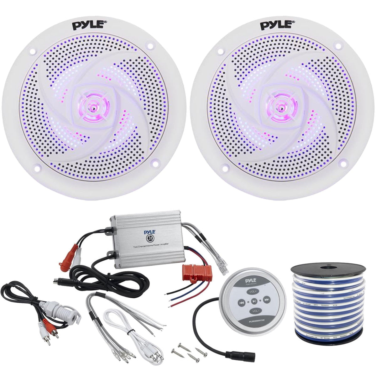 2 x Pyle Marine 42-Way 100W Audio White Stereo LED Speakers, Pyle Waterproof 600 Watt Bluetooth 2-Channel Boat Yacht Amplifier System, Enrock Marine-Grade 18-Gauge Speaker Wire