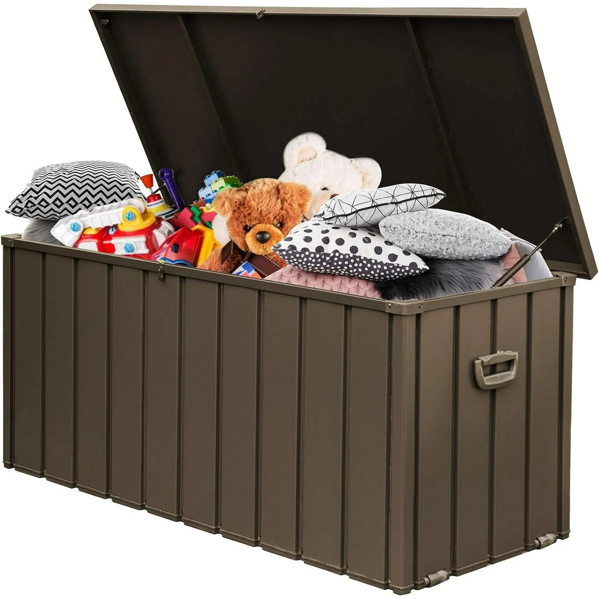100 Gal Outdoor Storage Box, Metal Deck Box on Wheels Waterproof, Large Patio Lockable Storage Bin for Outside Cushions, Pool Accessories, Throw Pillows, Garden Tools, Brown