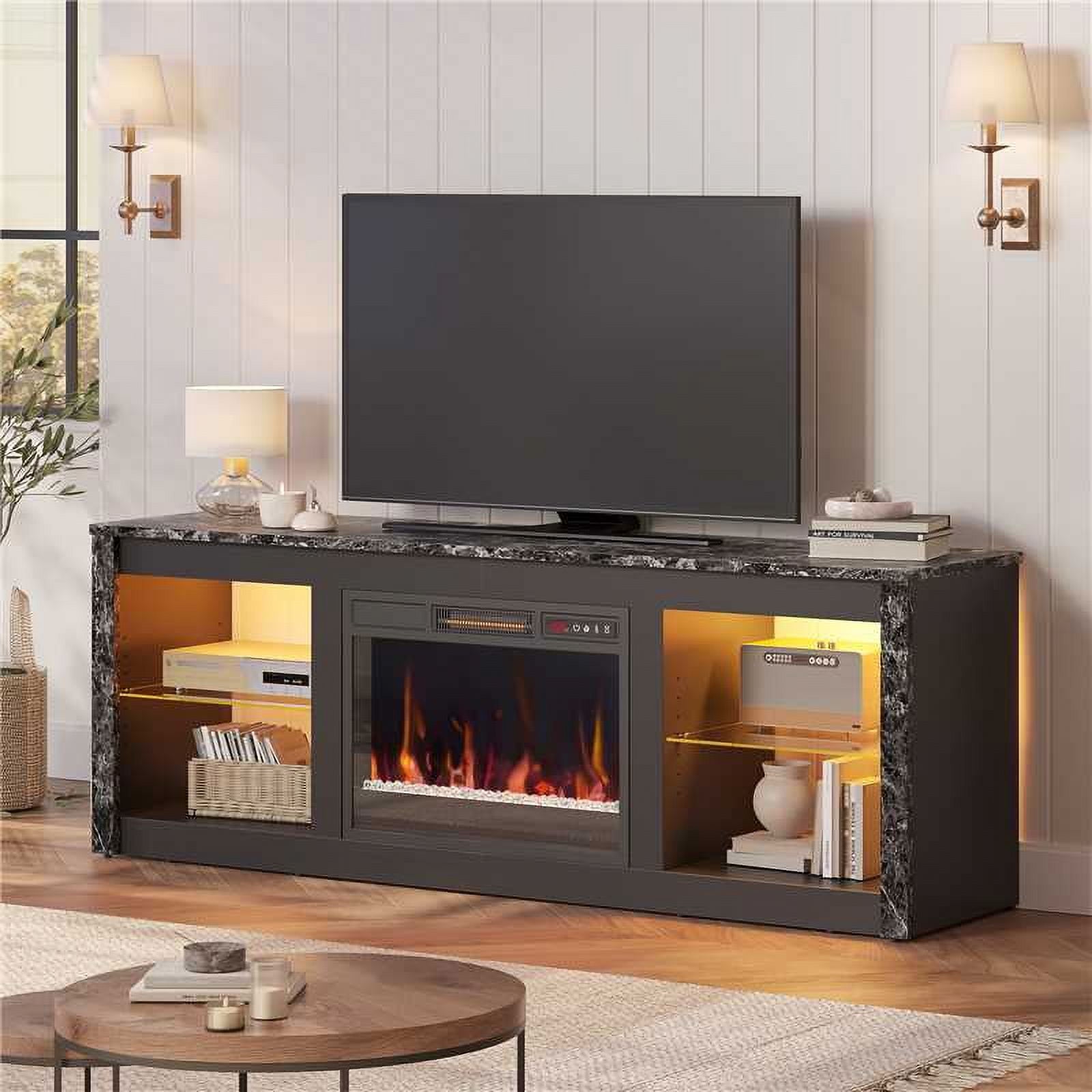 Bestier Modern Electric 7 Color LED Fireplace TV Stand for TVs up to 70, Black Marble