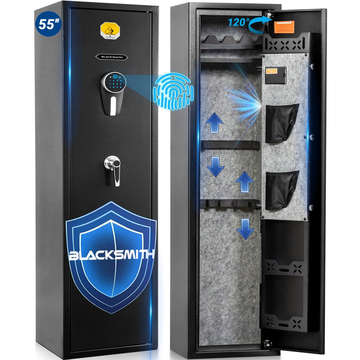 BlackSmith Biometric Gun Safe for 5 Rifles Home Long Gun Cabinet Fingerprint Quick Access Rifle Safe Fingerprint Wall Mount Rifle Gun Safe with Pistol Rack Pockets Ammo Storage Gun Safe Home Closet