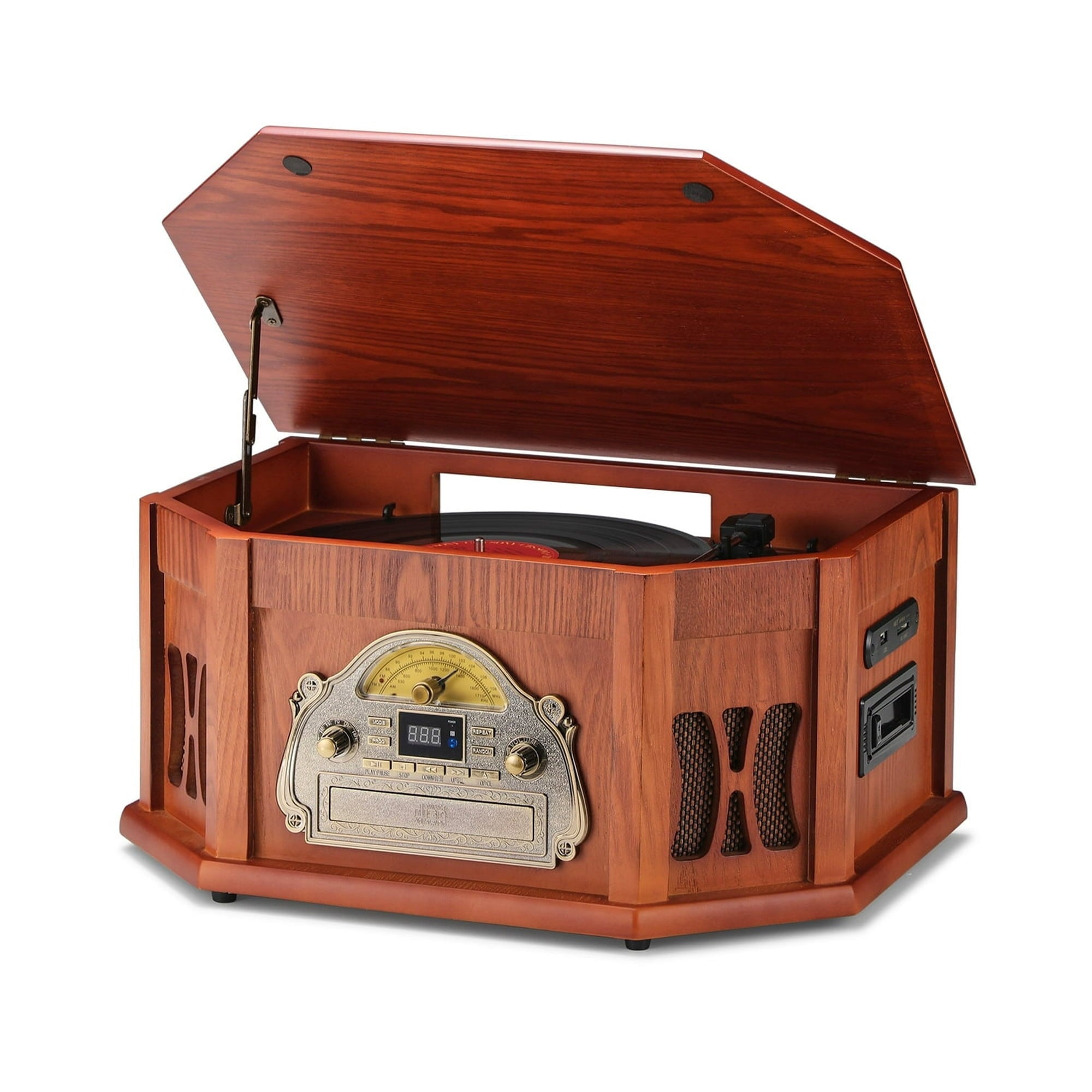 Direct Power 10-in-1 Vinyl Record Player, Wood Classic Turntable with Bluetooth Built-in Speakers