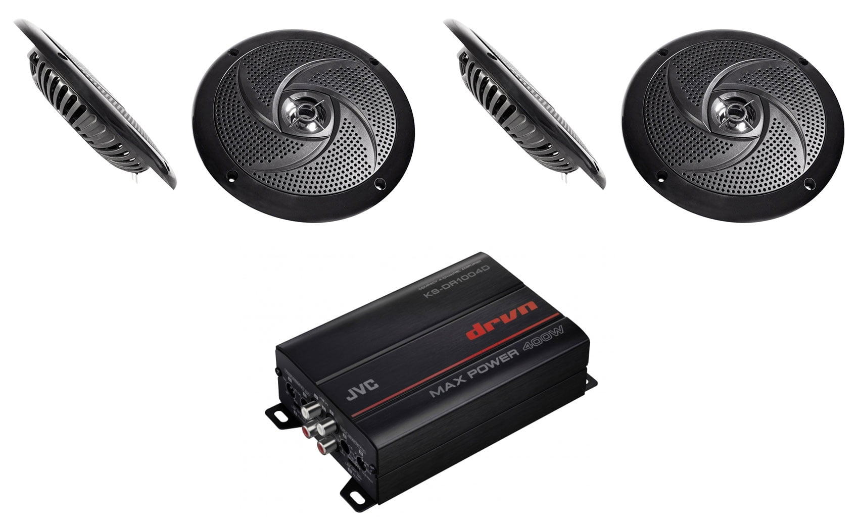 JVC KS-DR1004D 4-Channel Amplifier+(4) 6.5Slim Black Speakers For RZR/ATV/UTV