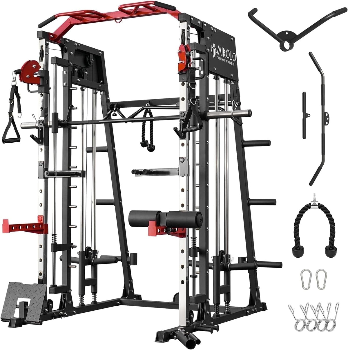 Mikolo Smith Machine Home Gym, 2200 lbs Power Rack Cage with Cable Crossover, Weight Bar, 360¡ã Landmine, Barbell Holders and Other Attachments, Total Body Strength Training Cage