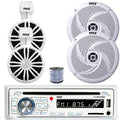Pyle PLCDBT65MRW Single DIN Bluetooth Marine Stereo AM/FM CD Stereo Receiver, 2x 3.5¡¯¡¯ 20W Waterproof Rated Off-Road White Speakers, 2x 8'' 320W Low Profile 2-Way Boat White Speakers, Speaker Wire