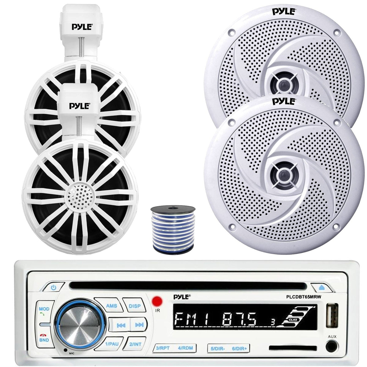 Pyle PLCDBT65MRW Single DIN Bluetooth Marine Stereo AM/FM CD Stereo Receiver, 2x 3.5¡¯¡¯ 20W Waterproof Rated Off-Road White Speakers, 2x 8'' 320W Low Profile 2-Way Boat White Speakers, Speaker Wire