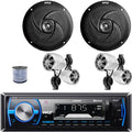 Pyle PLMRB29B Single DIN Bluetooth MP3 In-Dash Stereo Black Receiver, 2x 2.25¡¯¡¯ 10W Waterproof Rated Off-Road Chrome Speakers, 2x 8'' 320W Low Profile 2-Way Boat Black Speakers, 18G Speaker Wire