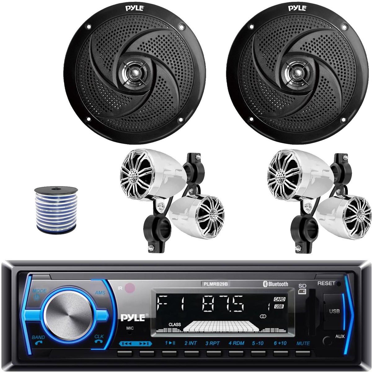 Pyle PLMRB29B Single DIN Bluetooth MP3 In-Dash Stereo Black Receiver, 2x 2.25¡¯¡¯ 10W Waterproof Rated Off-Road Chrome Speakers, 2x 8'' 320W Low Profile 2-Way Boat Black Speakers, 18G Speaker Wire