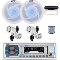Pyle PLMRB29W Single DIN Bluetooth Marine MP3 In-Dash Stereo White Receiver W/White Cover, 2x 2.25¡¯¡¯ 10W Waterproof Rated Off-Road White Speakers, 2x 8'' 320W 2-Way Boat LED White Speakers W/Wire