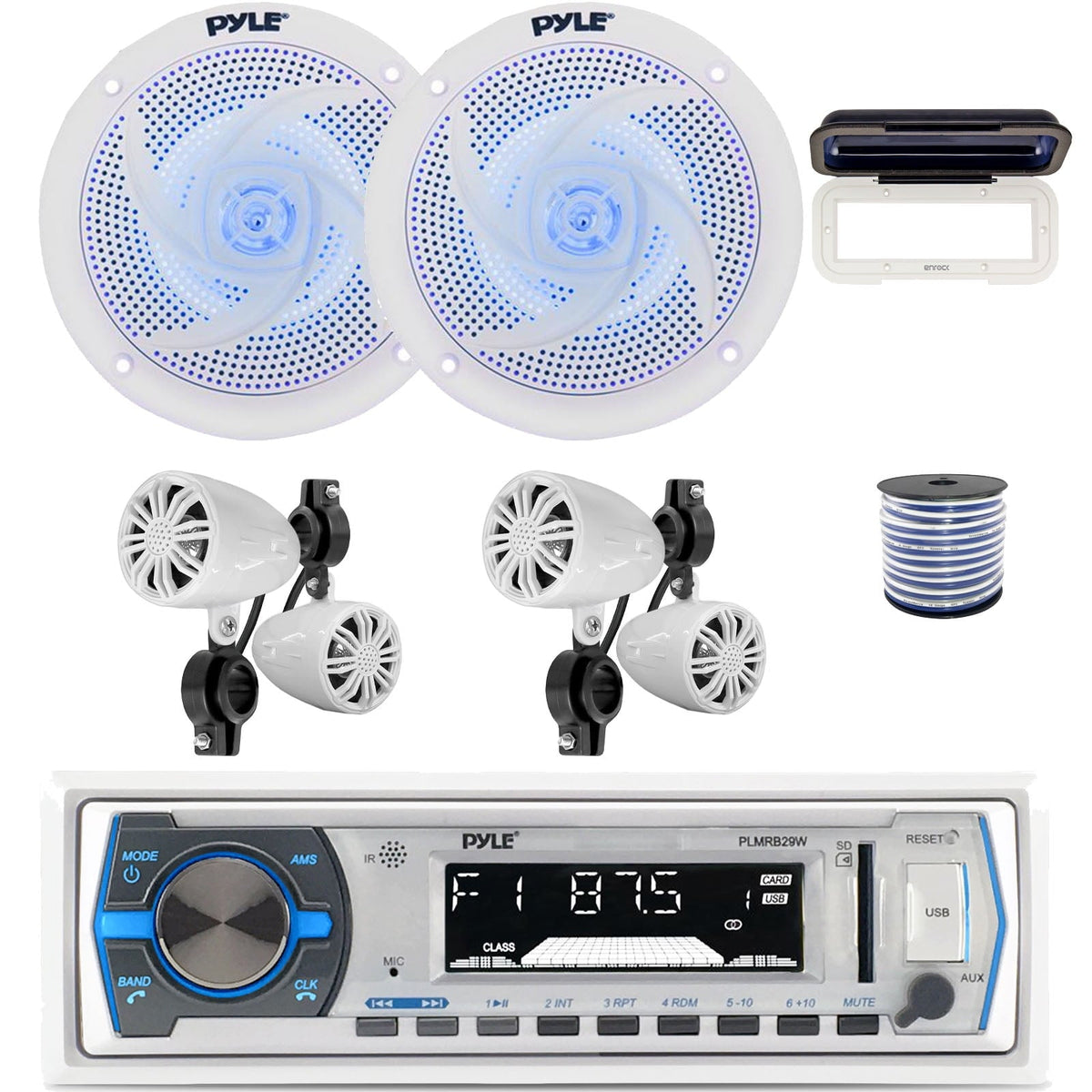 Pyle PLMRB29W Single DIN Bluetooth Marine MP3 In-Dash Stereo White Receiver W/White Cover, 2x 2.25¡¯¡¯ 10W Waterproof Rated Off-Road White Speakers, 2x 8'' 320W 2-Way Boat LED White Speakers W/Wire