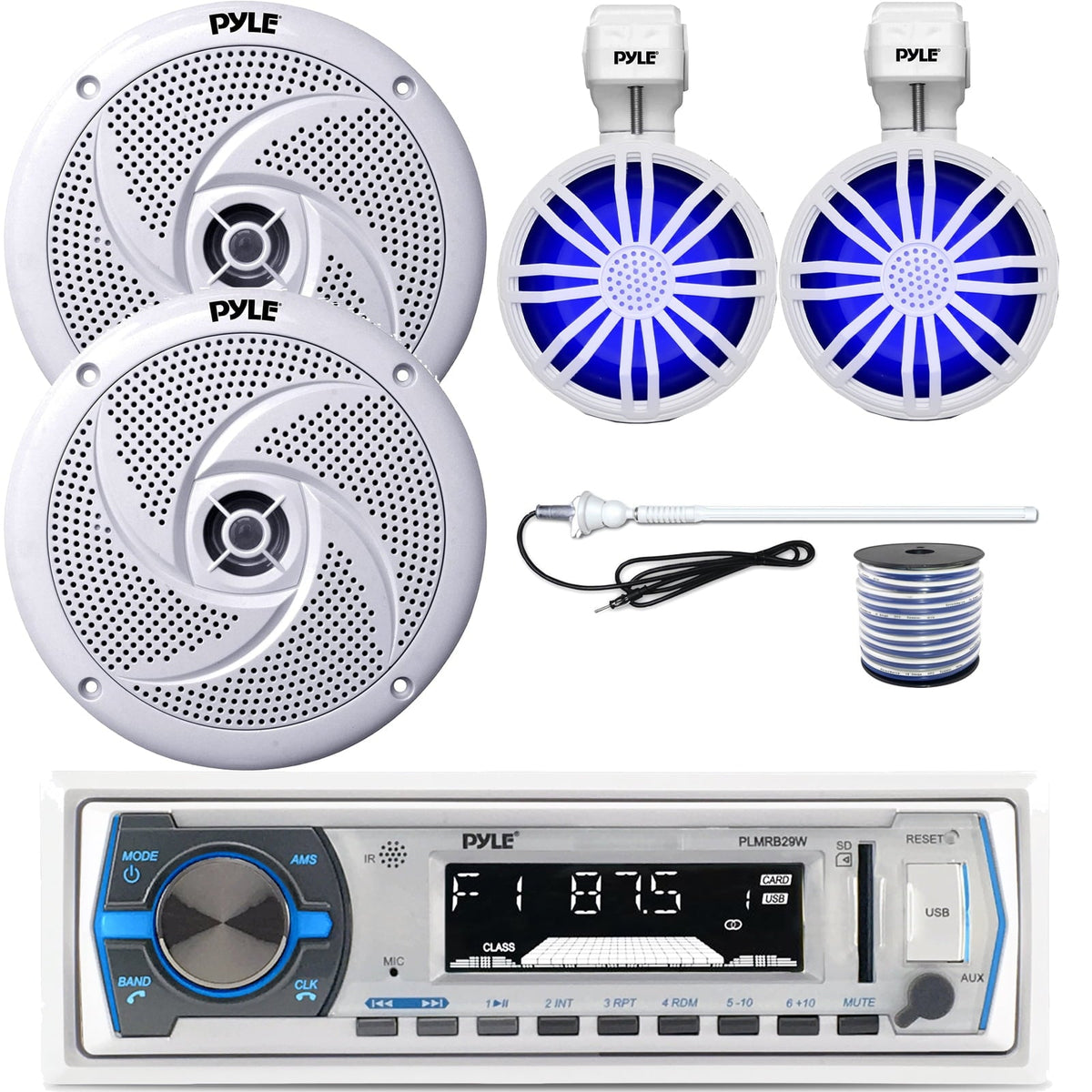 Pyle PLMRB29W Single DIN Bluetooth Marine MP3 Stereo White Receiver, 2x 3.520W Waterproof Rated Off-Road White RGB Speakers, 2x 8'' 320W Low Profile 2-Way White Boat Speakers W/Wire, Radio Antenna