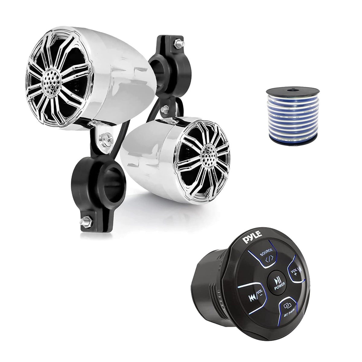 Pyle PLMRBT20 Marine 4-Channel Amplified Wireless Bluetooth Audio Controller, 2x 2.2510 Watt Max Marine Waterproof Rated Full Range Off-Road Speakers (Chrome) w/Wire