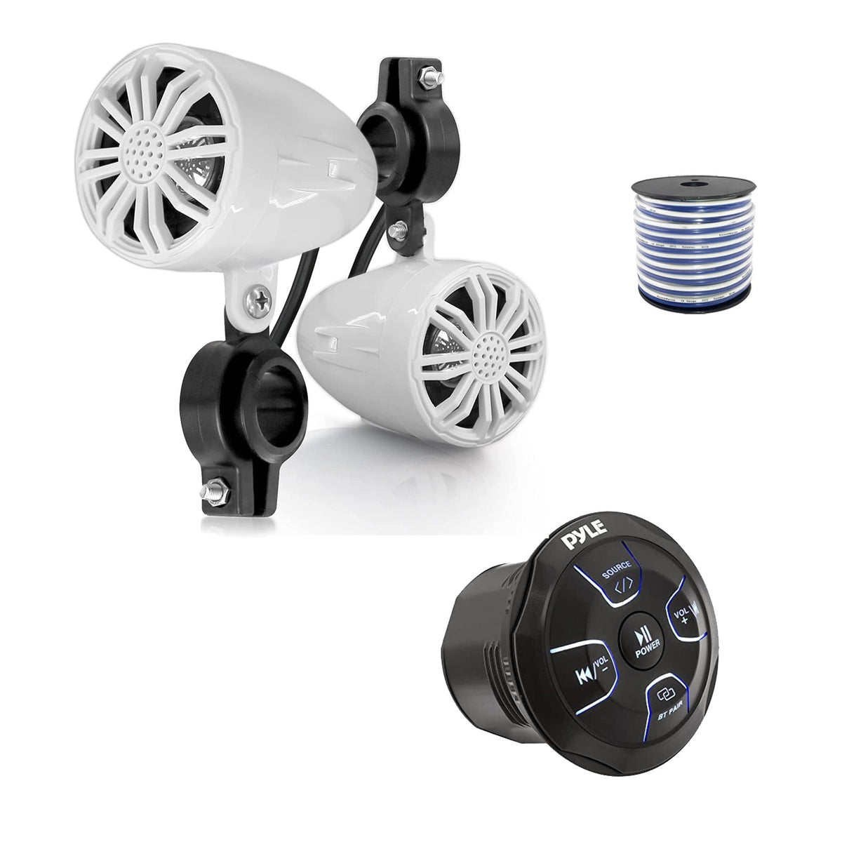 Pyle PLMRBT20 Marine 4-Channel Amplified Wireless Bluetooth Audio Controller, 2x 2.2510 Watt Max Marine Waterproof Rated Full Range Off-Road Speakers (White) w/Wire