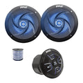 Pyle PLMRBT20 Marine 4-Channel Amplified Wireless Bluetooth Audio Controller, 2x 5.25180 Watt Max Power 2-Way Waterproof Low Profile Slim Style Marine Blue Flashing LED Audio Speakers (Black) w/Wire