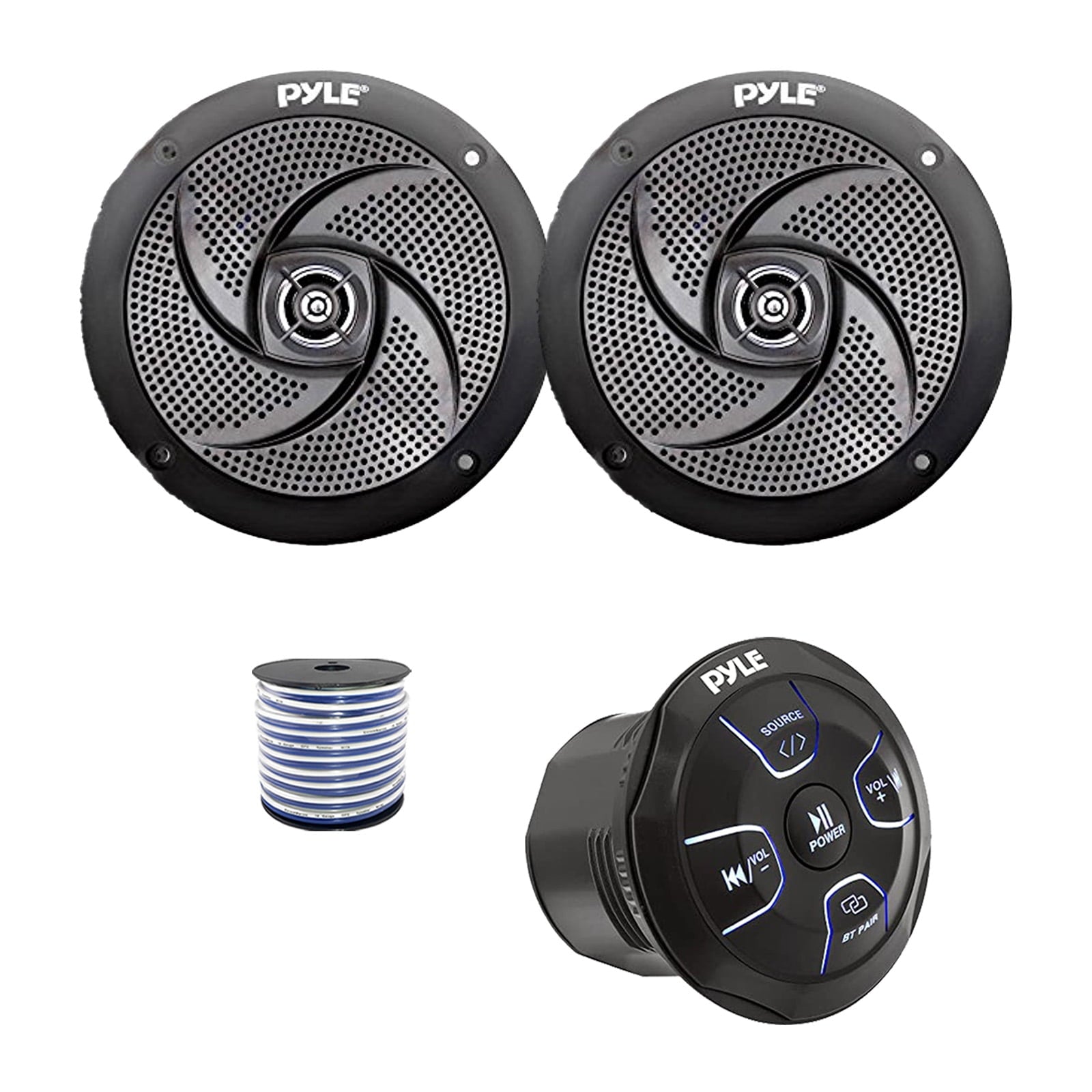 Pyle PLMRBT20 Marine 4-Channel Amplified Wireless Bluetooth Audio Controller, 2x 6.5240 Watt Max Power Low Profile 2-Way Marine Speakers (Black) w/Wire for Car, Truck, Boat, PowerSport Vehicles
