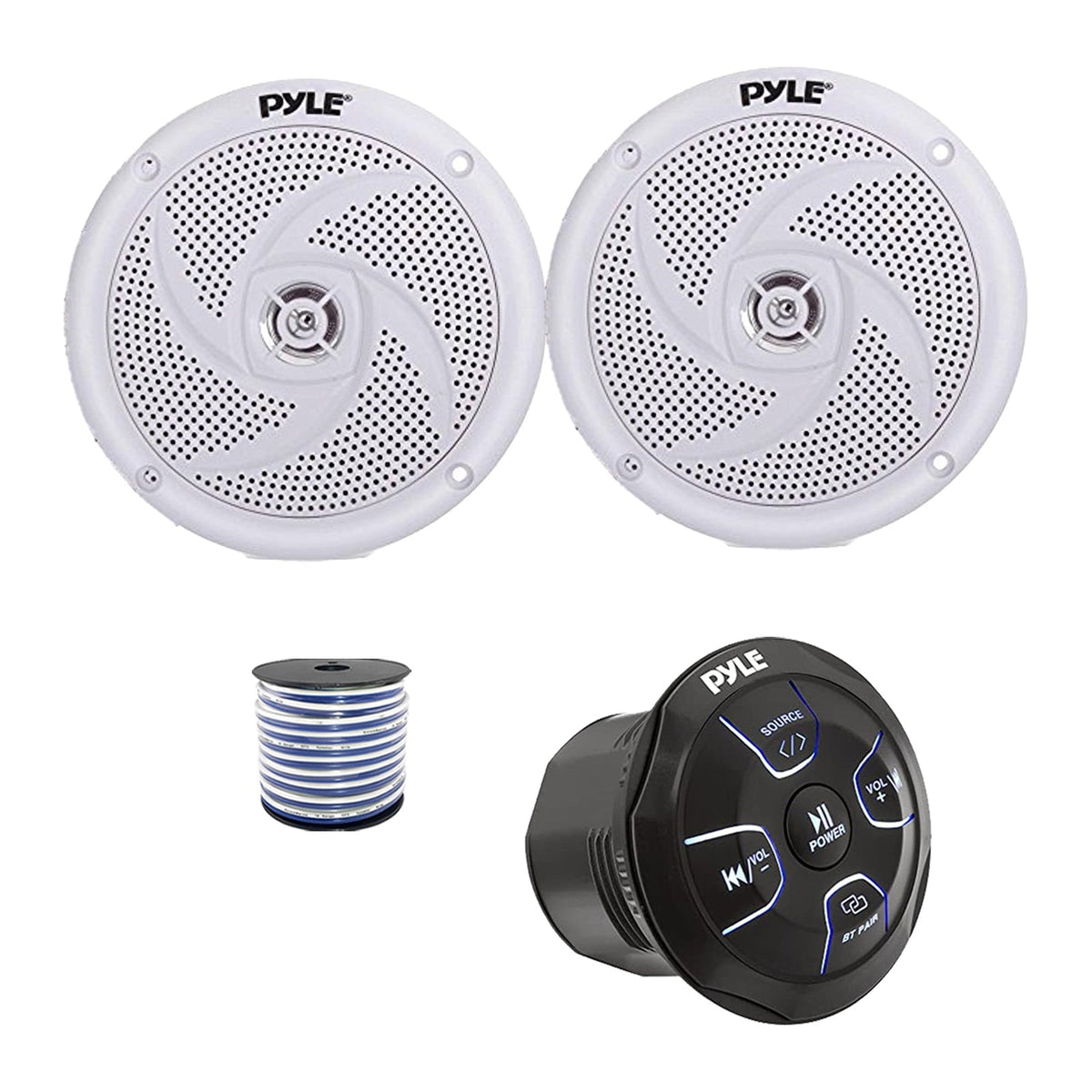 Pyle PLMRBT20 Marine 4-Channel Amplified Wireless Bluetooth Audio Controller, 2x 6.5240 Watt Max Power Low Profile 2-Way Marine Speakers (White) w/Wire for Car, Truck, Boat, PowerSport Vehicles