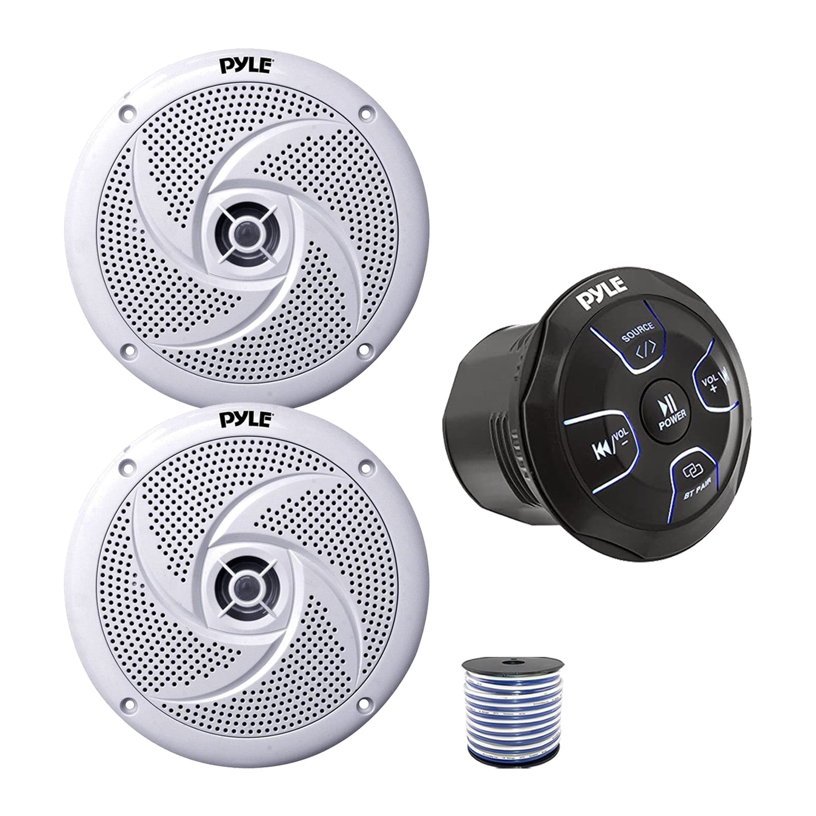 Pyle PLMRBT20 Marine 4-Channel Amplified Wireless Bluetooth Audio Controller, 2x 8'' 320 Watt Max Power Low Profile 2-Way Marine Speakers (White) w/Wire for Car, Truck, Boat, PowerSport Vehicles