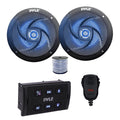 Pyle PLMRSQMIC Marine Wireless Bluetooth Controller w/Handheld Mic, 2x 4100 Watt Max 2-Way Marine Low Profile Blue Flashing LED Boat Audio Speakers (Black) w/Wire