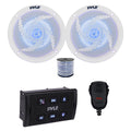 Pyle PLMRSQMIC Marine Wireless Bluetooth Controller w/Handheld Mic, 2x 4100 Watt Max 2-Way Marine Low Profile Blue Flashing LED Boat Audio Speakers (White) w/Wire