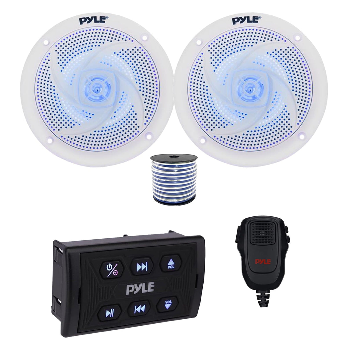 Pyle PLMRSQMIC Marine Wireless Bluetooth Controller w/Handheld Mic, 2x 4100 Watt Max 2-Way Marine Low Profile Blue Flashing LED Boat Audio Speakers (White) w/Wire