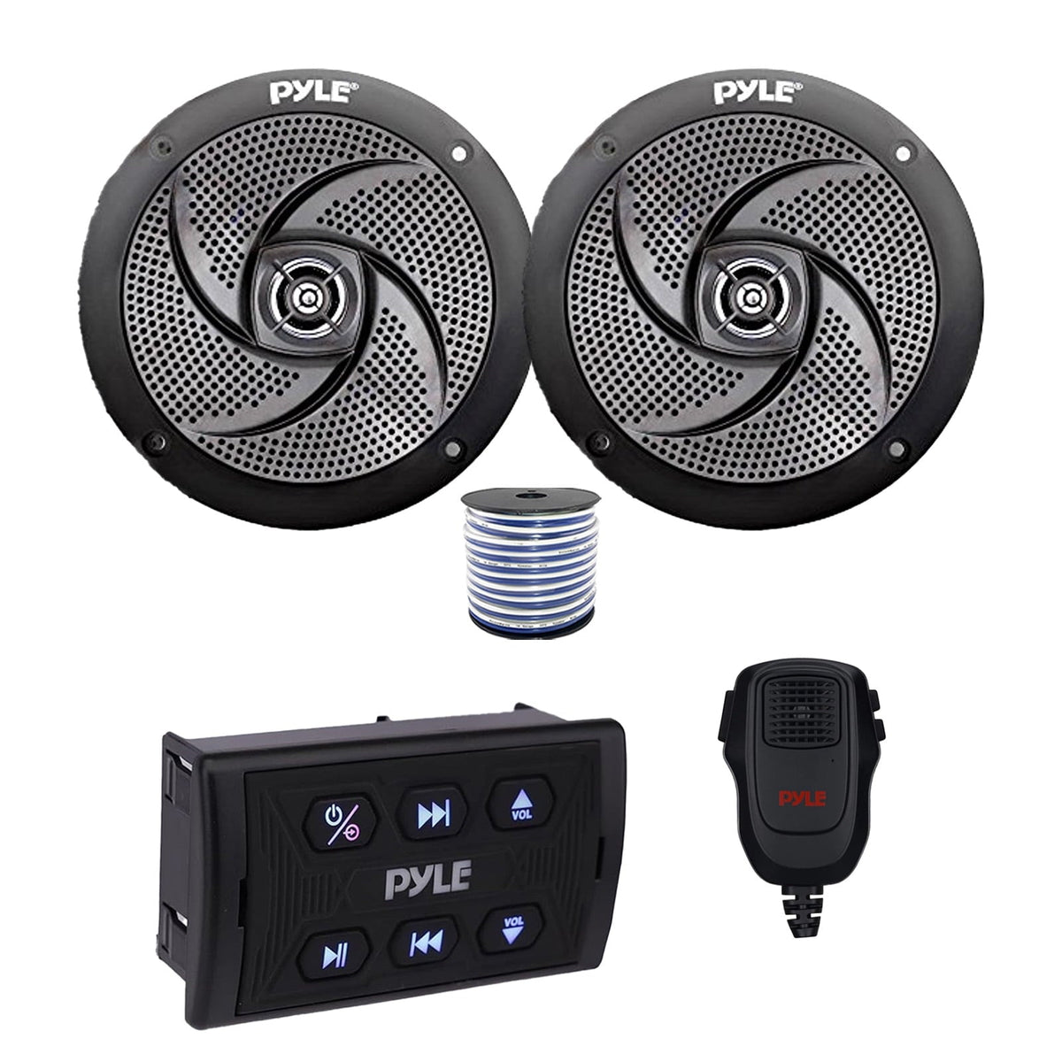 Pyle PLMRSQMIC Marine Wireless Bluetooth Controller w/Handheld Mic, 2x 6.5240 Watt Max Power Low Profile 2-Way Marine Speakers (Black) w/Wire for Car, Truck, Boat, PowerSport Vehicles