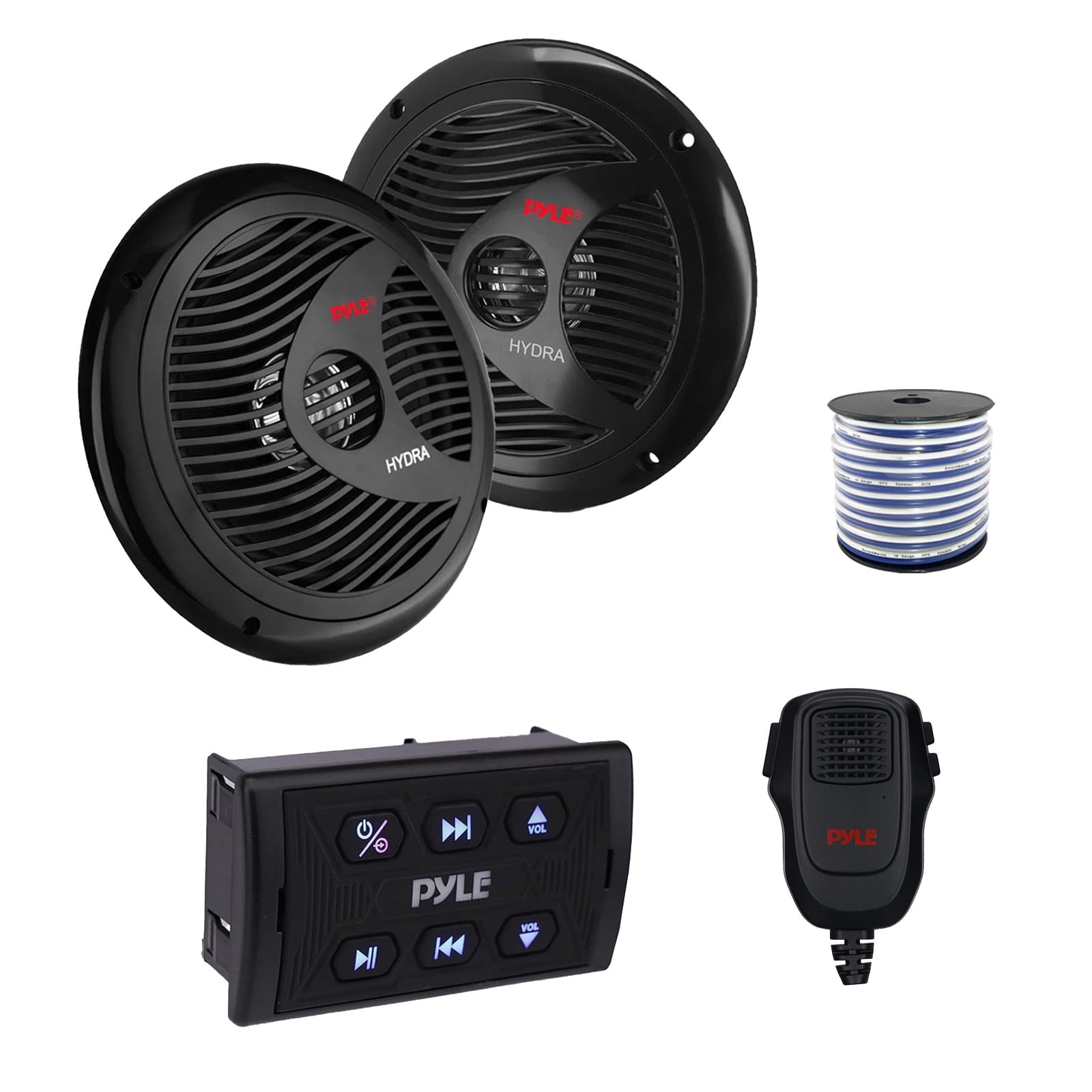 Pyle PLMRSQMIC Marine Wireless Bluetooth Controller w/Handheld Mic, 2x 8'' 180 Watt Waterproof Marine Full Range Stereo Speakers (Black) w/Wire for Car, Truck, Boat, PowerSport Vehicles