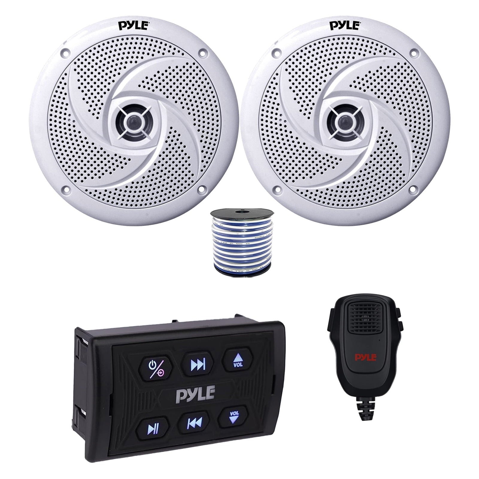 Pyle PLMRSQMIC Marine Wireless Bluetooth Controller w/Handheld Mic, 2x 8'' 320 Watt Max Power Low Profile 2-Way Marine Speakers (White) w/Wire for Car, Truck, Boat, PowerSport Vehicles