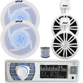 Pyle PLRMR23BTW Single DIN Bluetooth Marine MP3/USB/SD/AM/FM Stereo Receiver, 2x 3.5¡¯¡¯ 20W Waterproof Rated Off-Road White Speakers, 2x 8'' 320W Boat Low Profile 2-Way LED White Speakers W/Wire