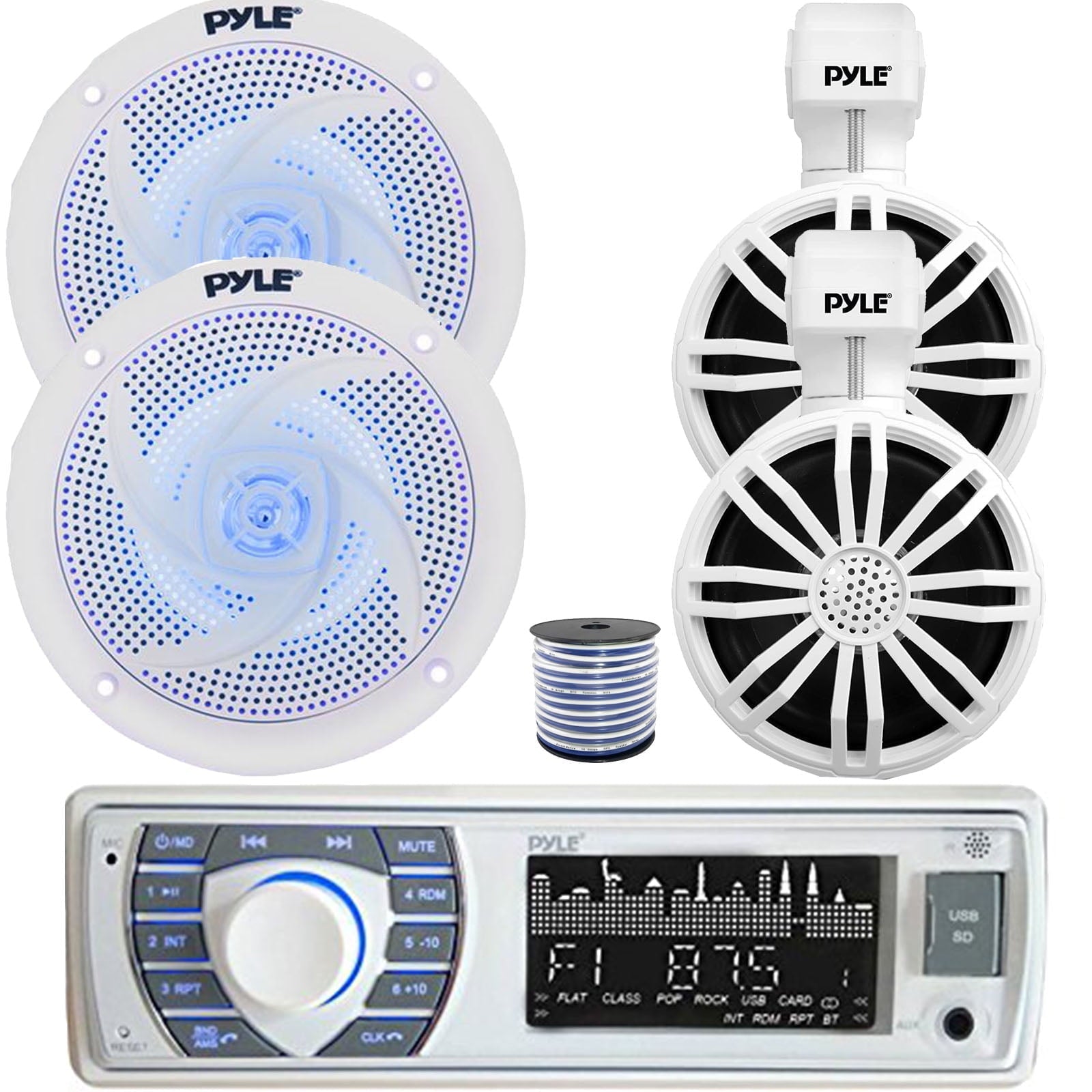 Pyle PLRMR23BTW Single DIN Bluetooth Marine MP3/USB/SD/AM/FM Stereo Receiver, 2x 3.5¡¯¡¯ 20W Waterproof Rated Off-Road White Speakers, 2x 8'' 320W Boat Low Profile 2-Way LED White Speakers W/Wire