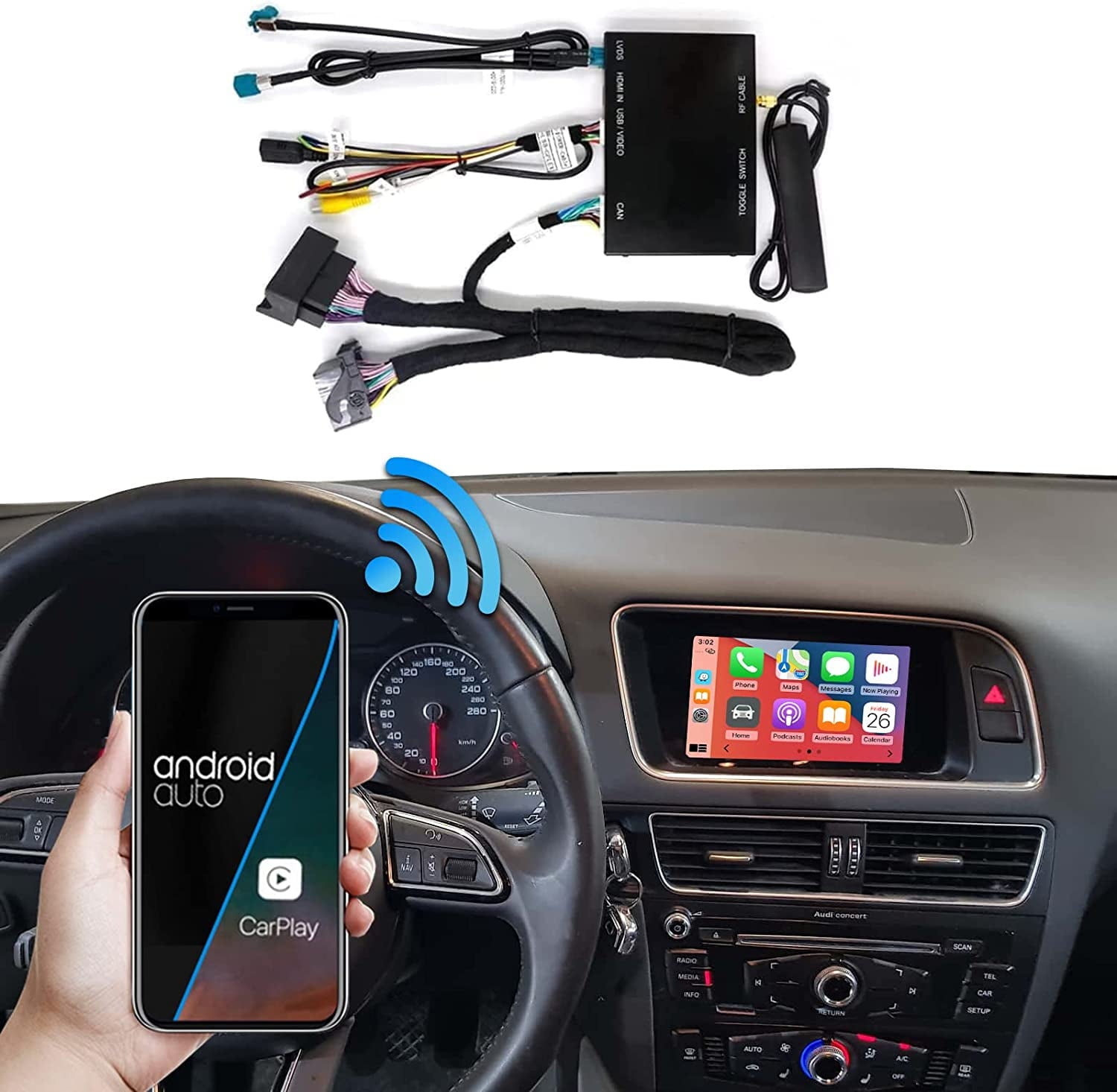 Road Top Wireless Carplay Android Auto Module Receiver Box for Audi S4 S5 A4 A5 (2009-2015 Year) for Q5 (2009-2017 Year) with 2GMMI, Carplay Retrofit Kit Decoder, Support Mirrorlink, Camera