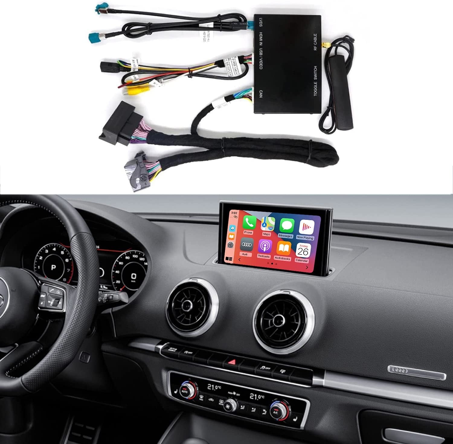 Road Top Wireless Carplay Android Auto Retrofit Kit for Audi A3 2013-2018 Year, Carplay Retrofit Kit Decoder, Support Mirror Link, Reverse Camera, Navigation