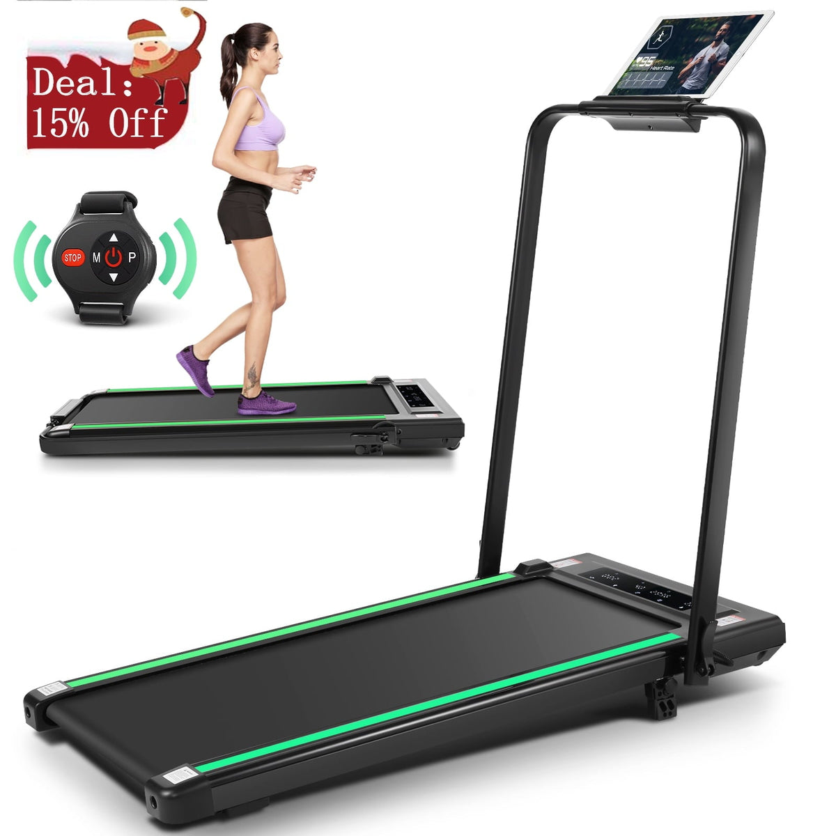 Simpfree 2 in 1 Under Desk Treadmill with Incline, Max 300lbs Capacity, Walking Pad/Compact Electric Treadmill for Home/Office with LED Touch Screen/Remote Watch |2s Folding Treadmill£¨Green£©