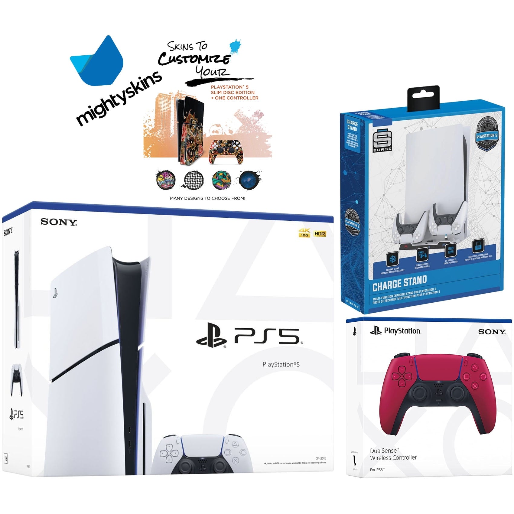 Sony PlayStation 5 Slim Disc Bundle with Extra Cosmic Red Controller, Charging USB HUB and MightySkins Decal Voucher