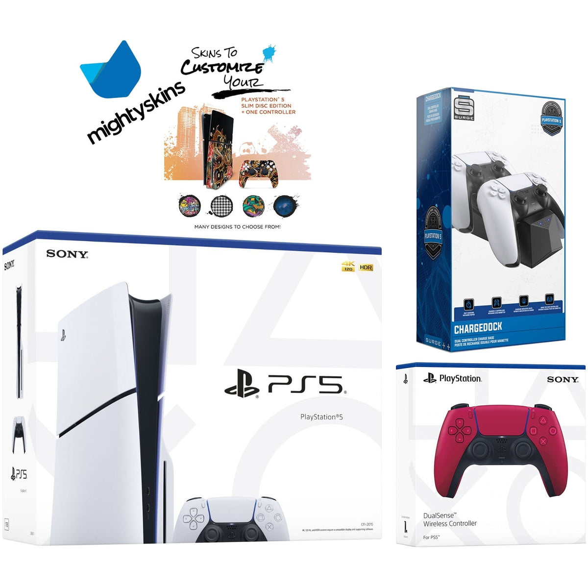 Sony PlayStation 5 Slim Disc Bundle with Extra Cosmic Red Controller, Dual Charging Dock and MightySkins Decal Voucher