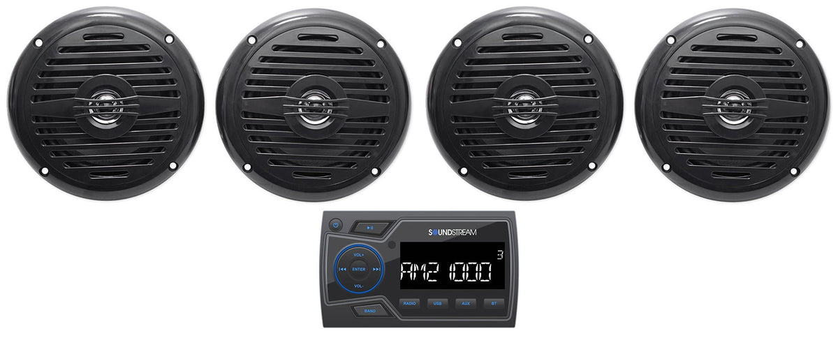 Soundstream MHU-32 Marine Boat ATV/UTV Bluetooth Receiver+4 Black 5.25Speakers