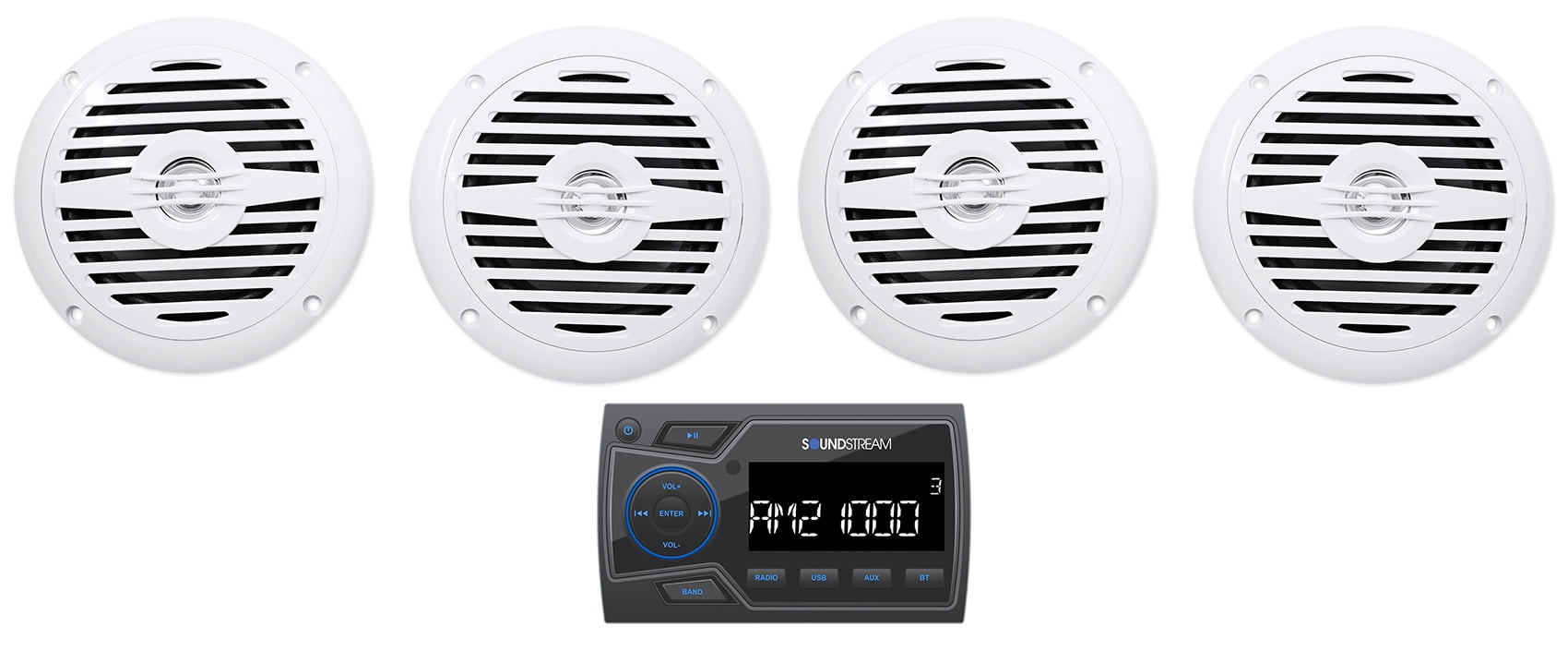 Soundstream MHU-32 Marine Boat ATV/UTV Bluetooth Receiver+4 White 5.25Speakers