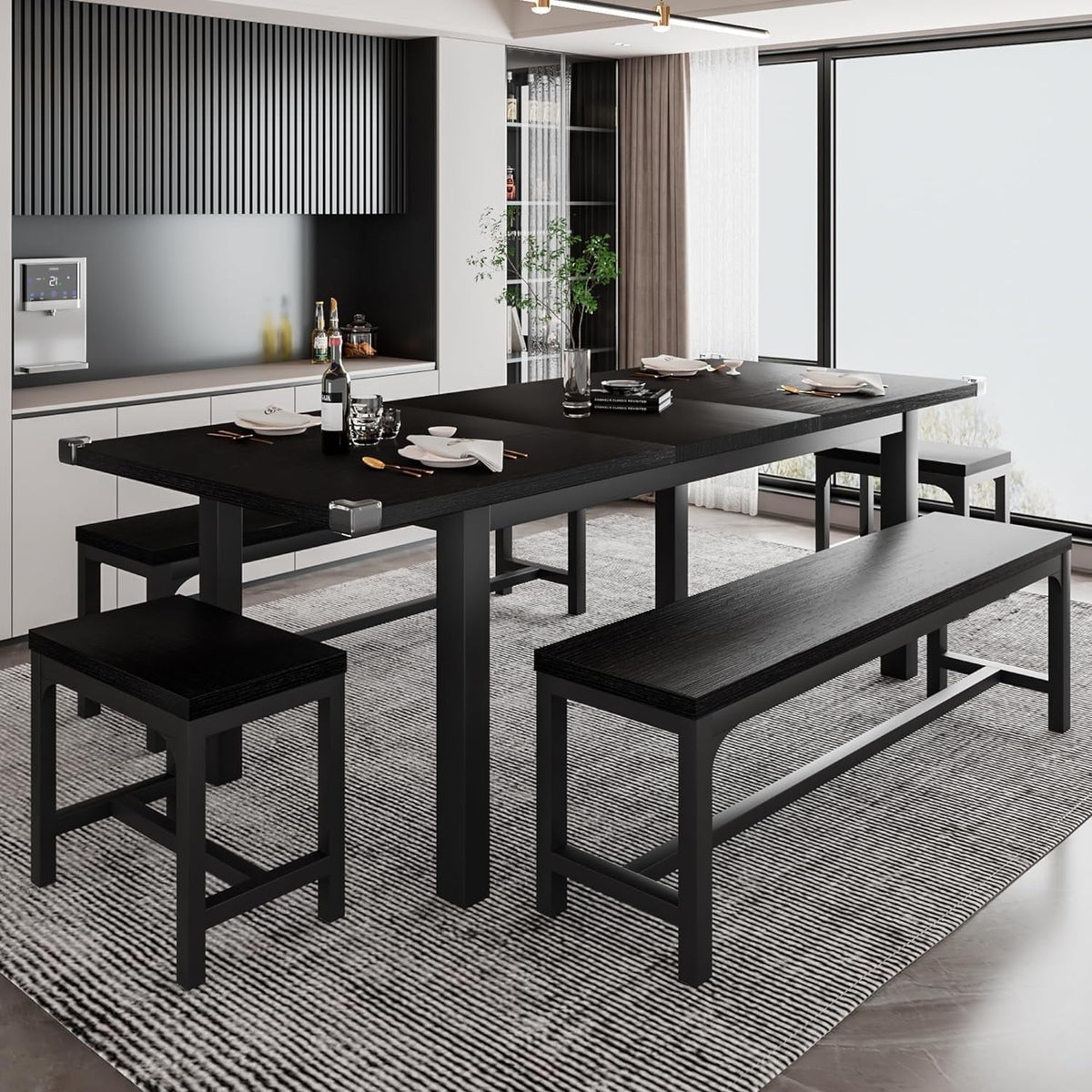 iPormis 5-Piece Dining Table Set for 4-8 People, Extendable Kitchen Table Set with 2 Benches and 2 Square Stools, Mid-Century Dining Room Table , Saving Space, Black