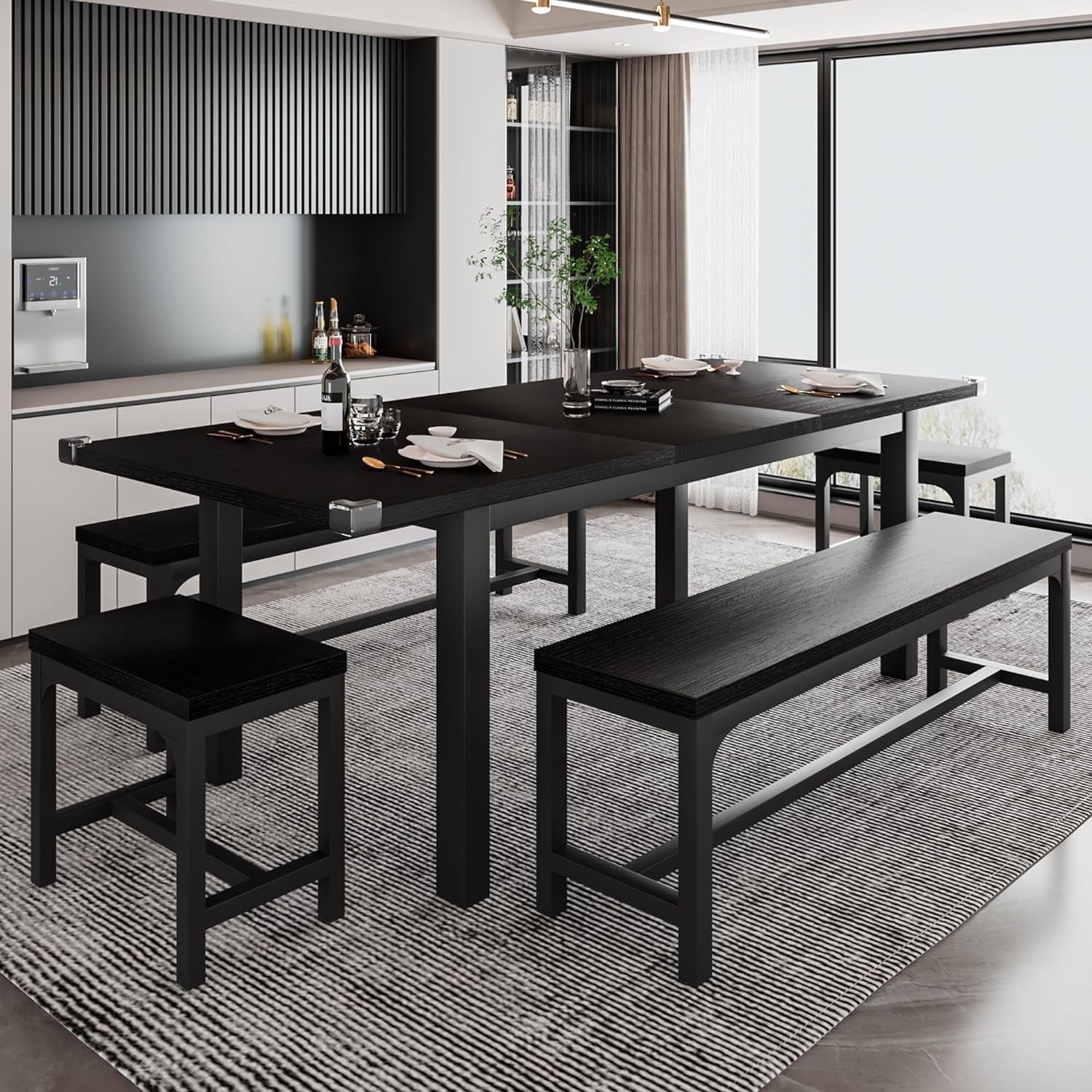 iPormis 5-Piece Dining Table Set for 4-8 People, Extendable Kitchen Table Set with 2 Benches and 2 Square Stools, Mid-Century Dining Room Table , Saving Space, Black