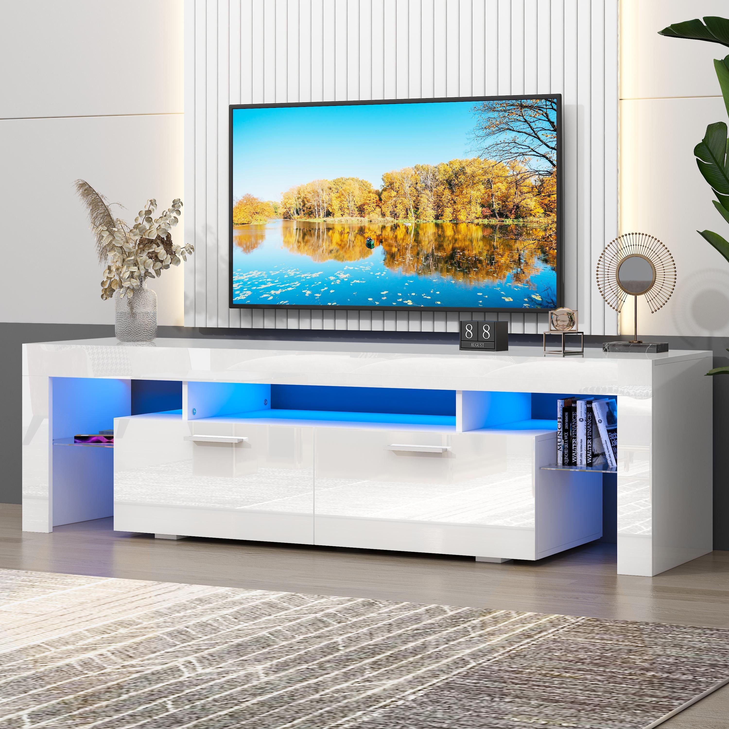 UHOMEPRO TV Stand for TV up to 70, Living Room Entertainment Center with RGB LED Lights and Storage Shelves Furniture, White High Gloss TV Cabinet Console Table