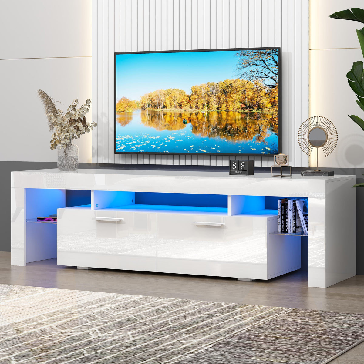 UHOMEPRO TV Stand for TV up to 70, Living Room Entertainment Center with RGB LED Lights and Storage Shelves Furniture, White High Gloss TV Cabinet Console Table